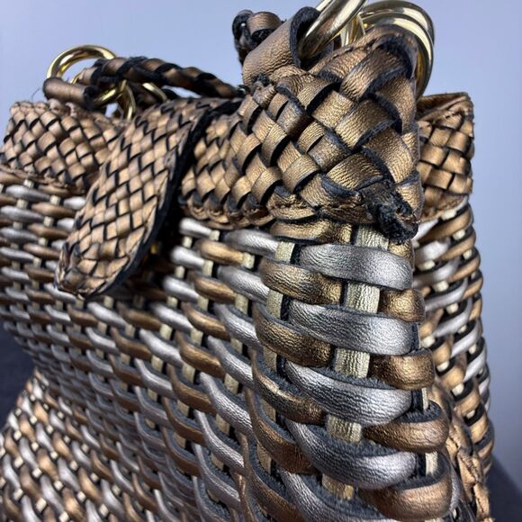 Vintage CEM Woven Leather Metallic Bronze Gold Purse | 80's 90s Bucket Style Bag - Picture 6 of 15